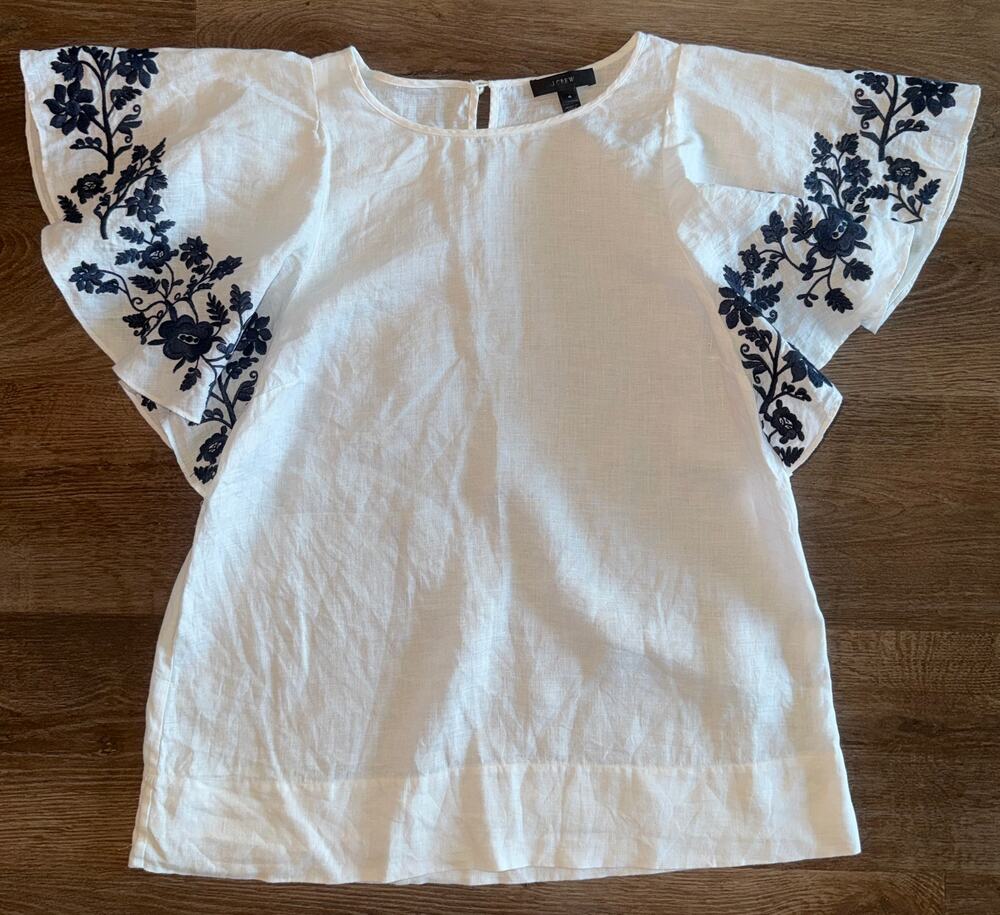 J.Crew White Linen Navy Embroidered Flutter Sleeve Top Size 4